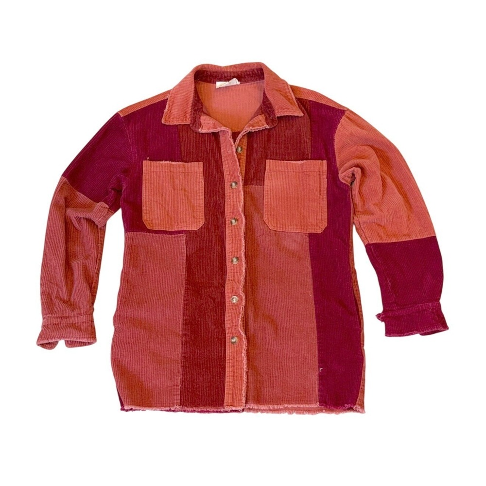 Oli & Hali Womens S Maroon Red Patchwork Corduroy Shacket Button Up Boho Fall